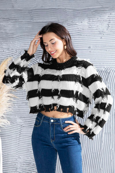 Striped Fringe Round Neck Sweater-TOPS / DRESSES-[Adult]-[Female]-2022 Online Blue Zone Planet