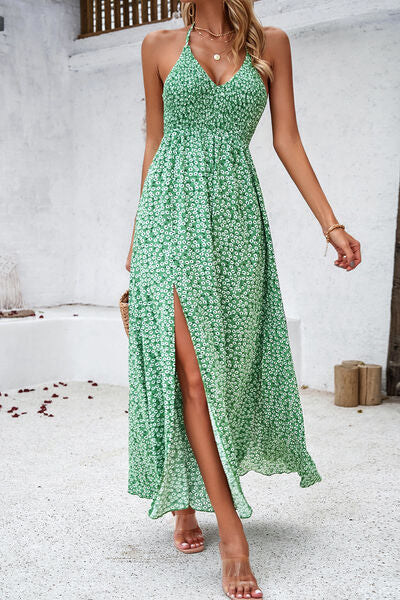 Smocked Slit Tied Printed Dress Trendsi
