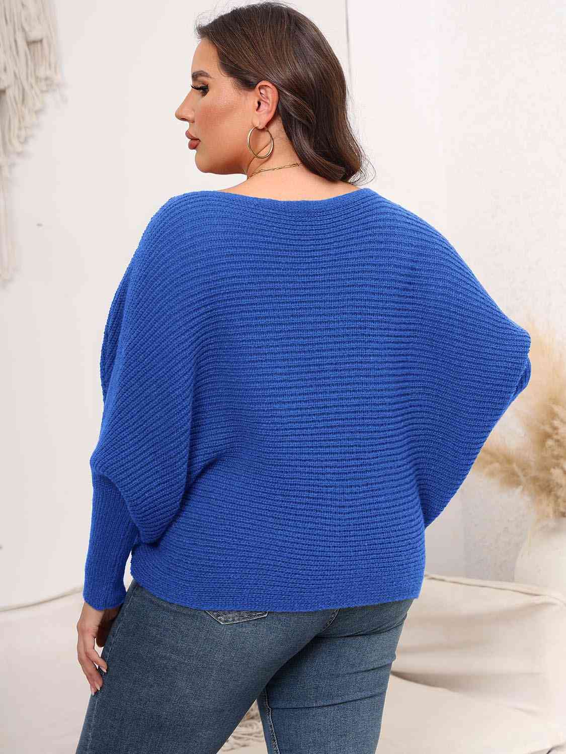 Full Size Boat Neck Batwing Sleeve Sweater BLUE ZONE PLANET