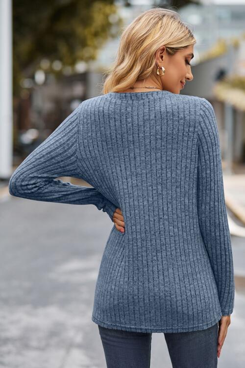Ribbed Half Button Long Sleeve Knit Top BLUE ZONE PLANET