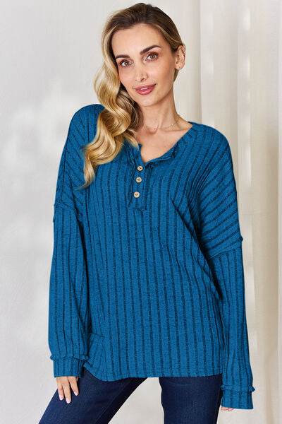 Basic Bae Full Size Ribbed Half Button Long Sleeve T-Shirt-TOPS / DRESSES-[Adult]-[Female]-Sky Blue-S-2022 Online Blue Zone Planet