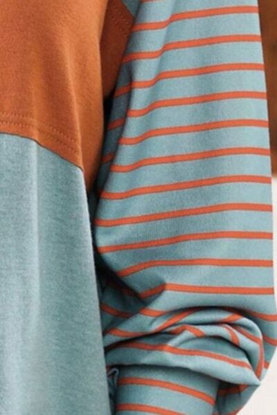 Round Neck Striped Long Sleeve Slit T-Shirt BLUE ZONE PLANET