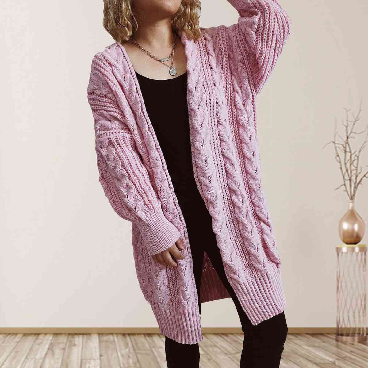 Cable-Knit Open Front Dropped Shoulder Cardigan BLUE ZONE PLANET