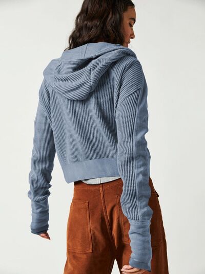 Blue Zone Planet |  Waffle-Knit Dropped Shoulder Hooded Jacket BLUE ZONE PLANET