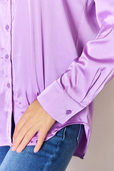 Zenana Satin Button Down Long Sleeve Shirt BLUE ZONE PLANET