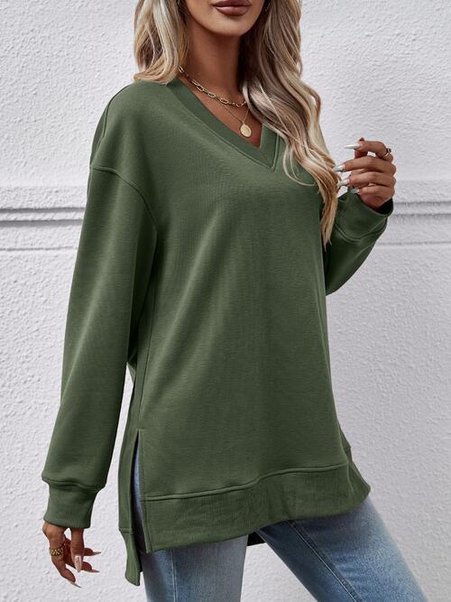 V-Neck Slit Long Sleeve Sweatshirt BLUE ZONE PLANET