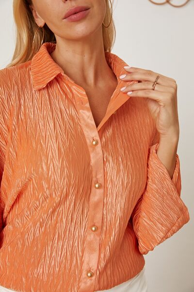 Textured Button Up Long Sleeve Shirt Trendsi