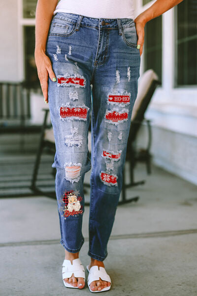 Santa Graphic Distressed Straight Jeans BLUE ZONE PLANET
