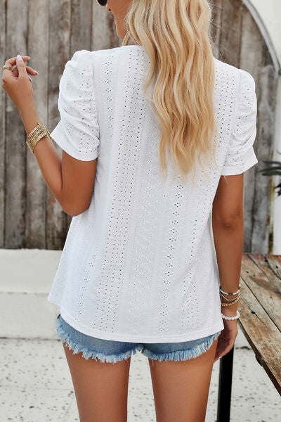 Eyelet Square Neck Puff Sleeve T-Shirt Trendsi