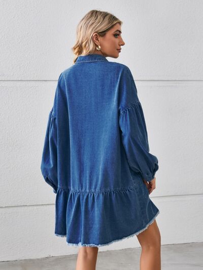 Button Up Pocketed Raw Hem Denim Dress Trendsi