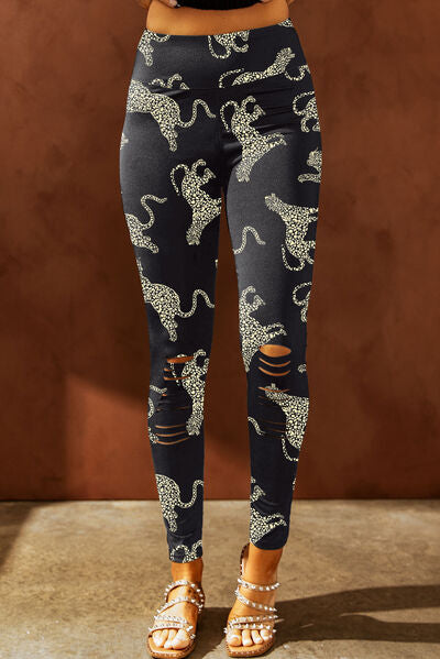 Blue Zone Planet |  Animal Printed Distressed High Waist Leggings BLUE ZONE PLANET