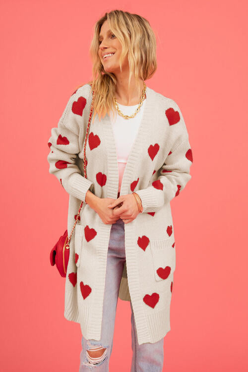 Heart Graphic Open Front Cardigan with Pockets BLUE ZONE PLANET