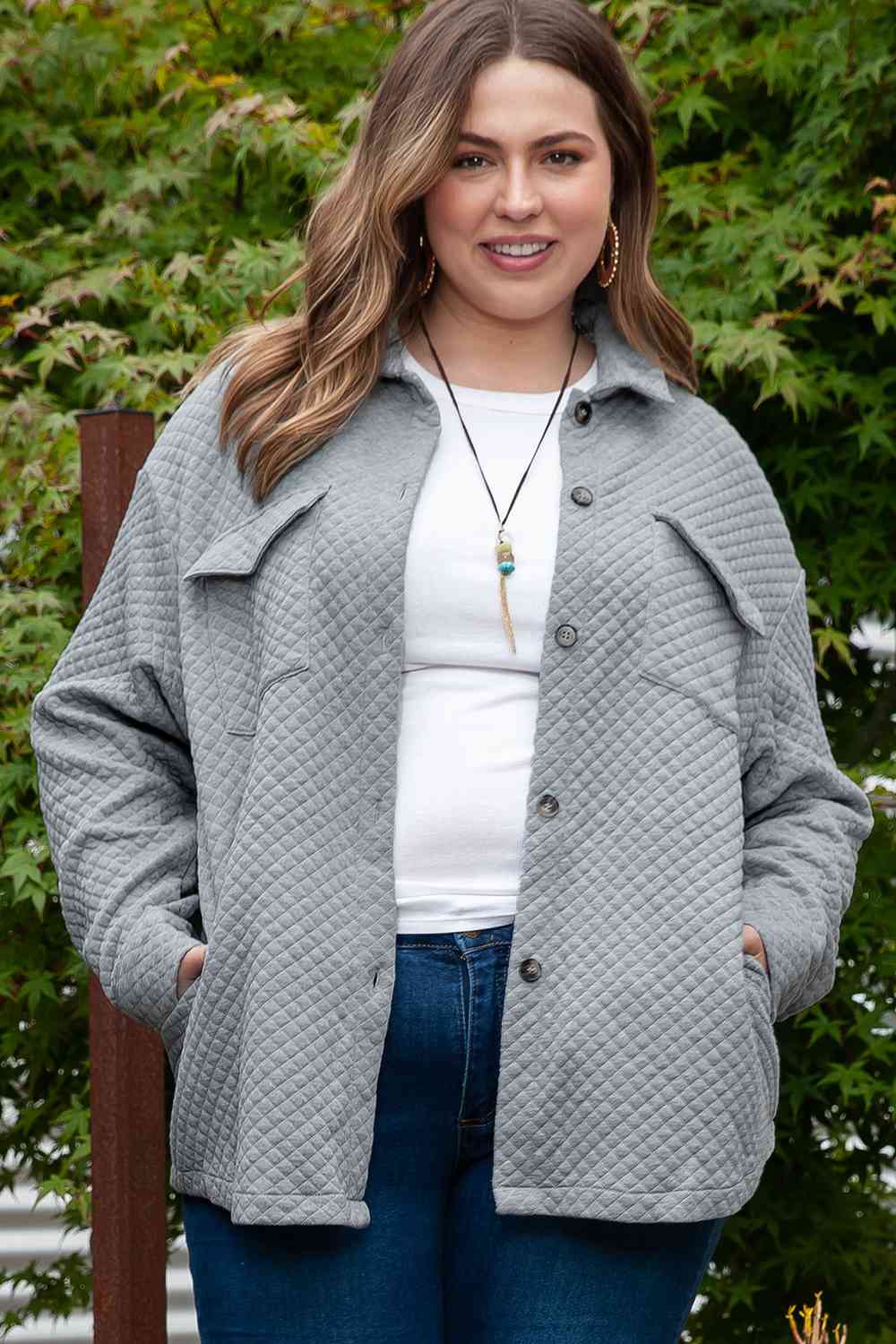 Plus Size Collared Neck Button Up Pocketed Jacket BLUE ZONE PLANET