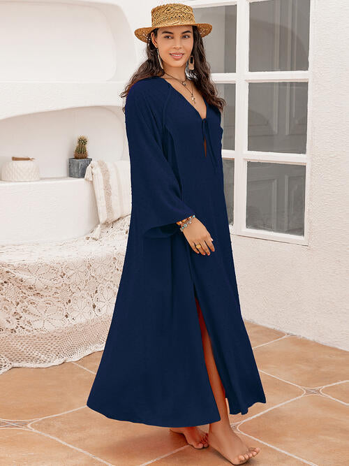 Plus Size Tie Neck Long Sleeve Slit Dress BLUE ZONE PLANET