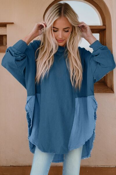 Contrast Texture Round Neck Long Sleeve Blouse BLUE ZONE PLANET