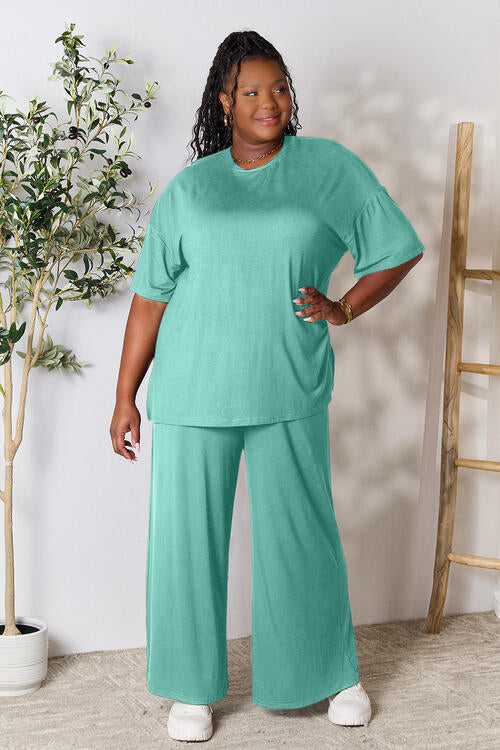 Double Take Full Size Round Neck Slit Top and Pants Set BLUE ZONE PLANET