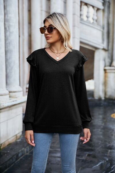 Ruffled Heathered V-Neck Long Sleeve T-Shirt Trendsi