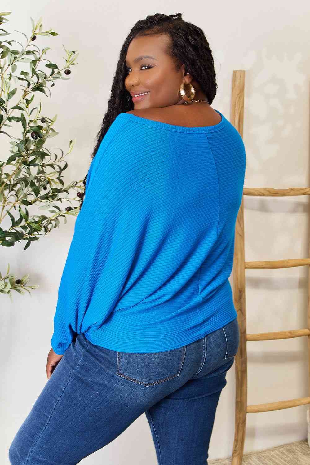 Zenana Full Size Round Neck Batwing Sleeve Blouse BLUE ZONE PLANET