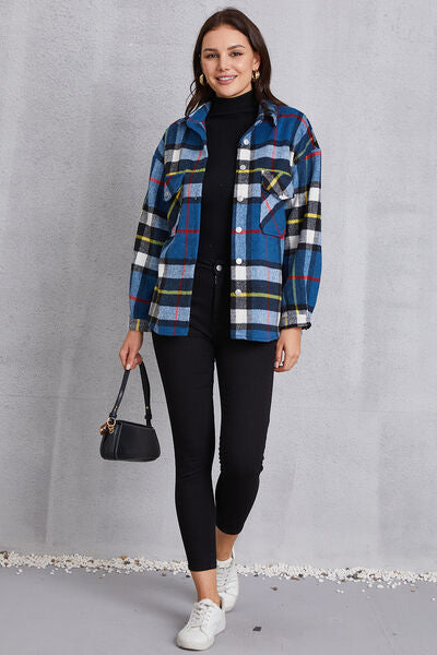 Plaid Button Up Dropped Shoulder Jacket-TOPS / DRESSES-[Adult]-[Female]-2022 Online Blue Zone Planet