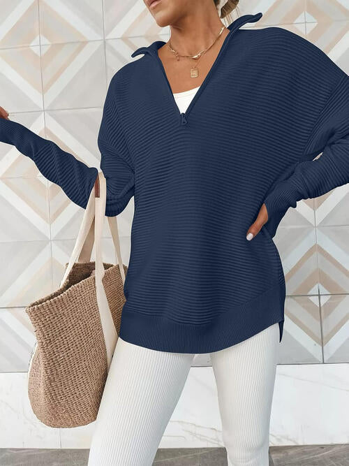 Half Zip Long Sleeve Knit Top BLUE ZONE PLANET