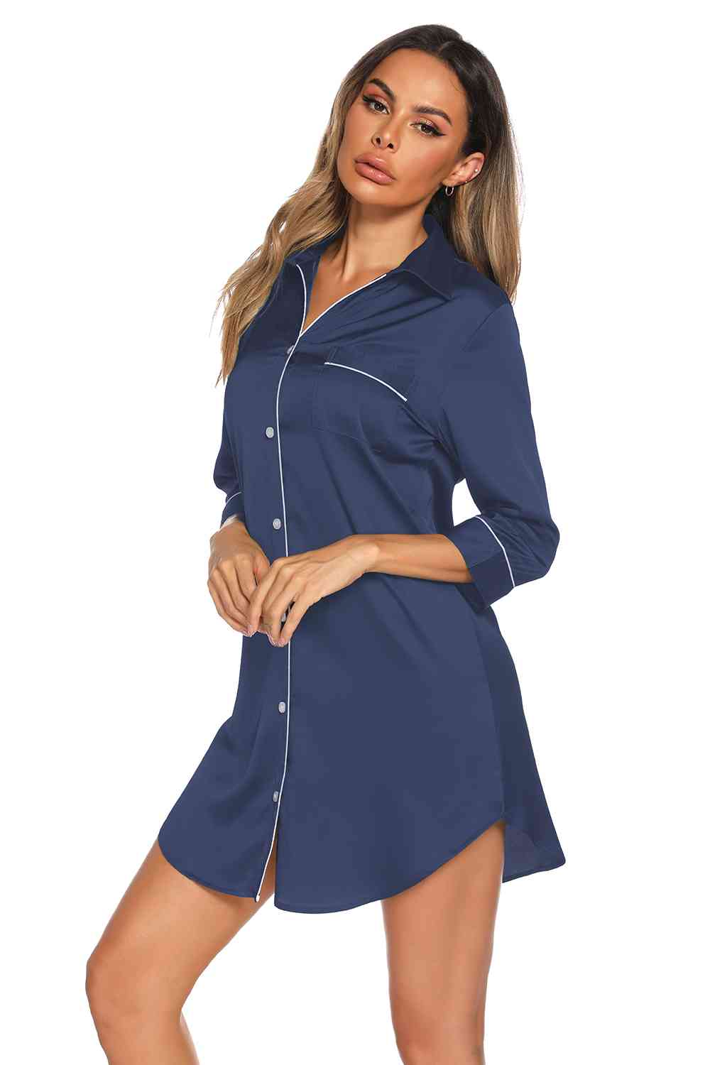 Button Up Collared Neck Night Dress with Pocket BLUE ZONE PLANET