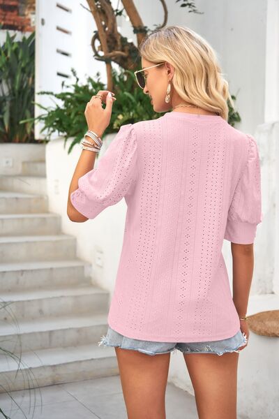 Openwork Round Neck Short Sleeve Blouse Trendsi