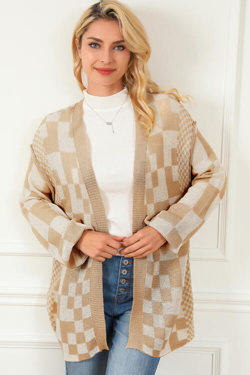Checkered Open Front Cardigan BLUE ZONE PLANET
