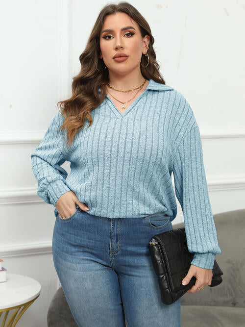 Plus Size Ribbed Collared Neck Long Sleeve Blouse BLUE ZONE PLANET