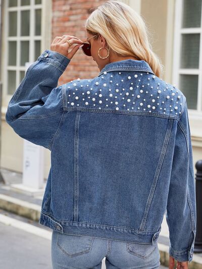 Pearl Detail Collared Neck Long Sleeve Denim Jacket BLUE ZONE PLANET
