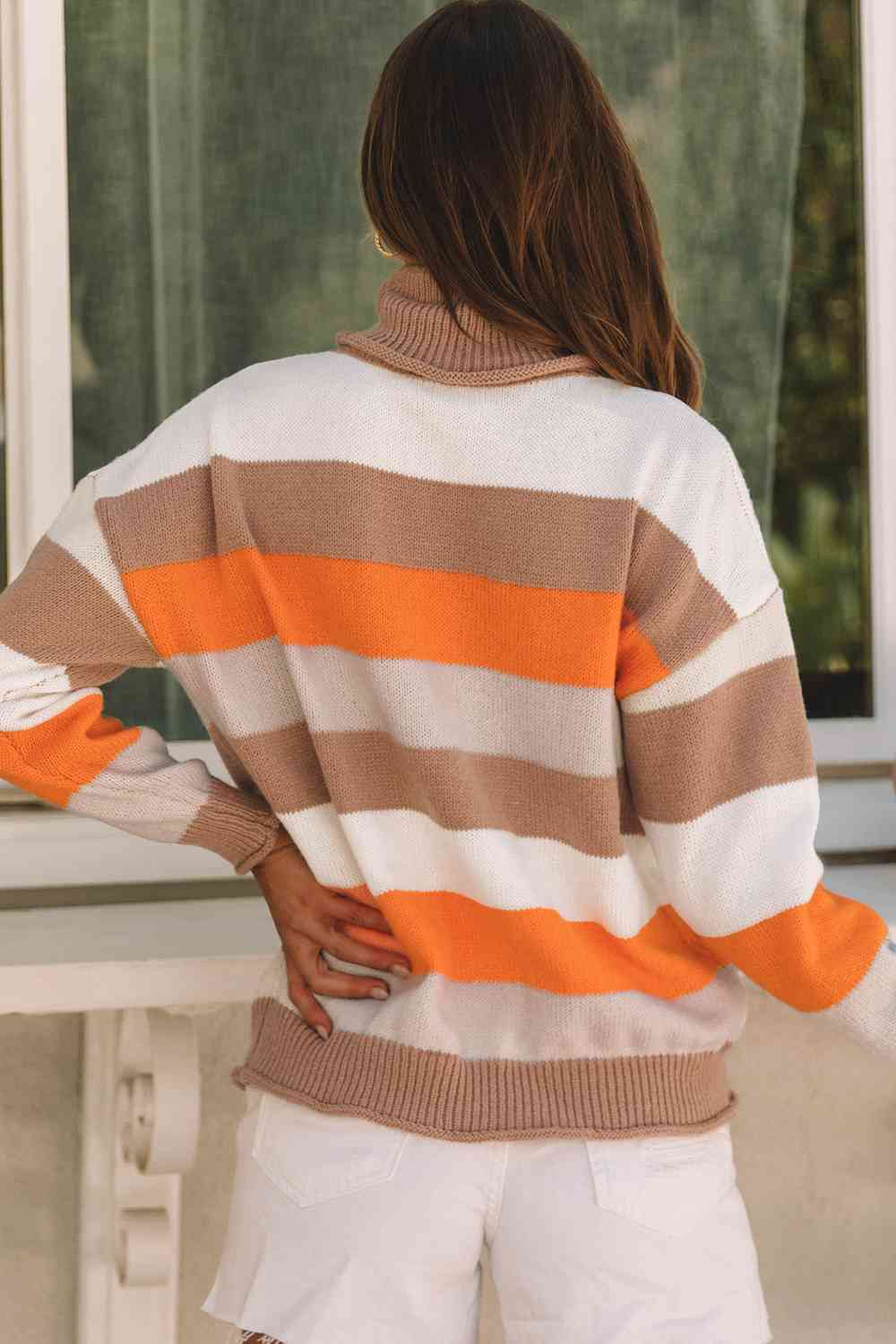 Striped Turtleneck Long Sleeve Sweater BLUE ZONE PLANET