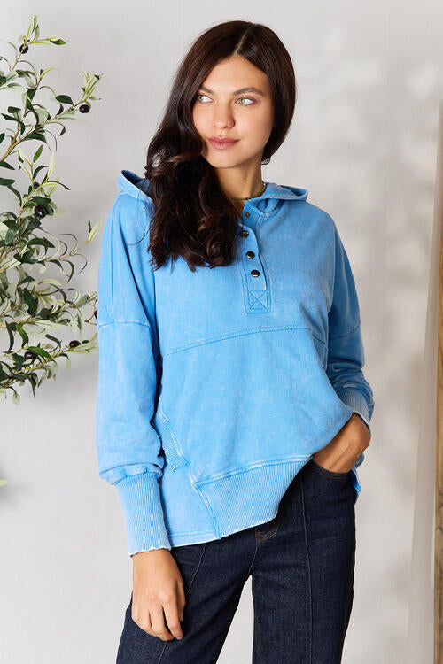 Zenana Half Snap Long Sleeve Hoodie with Pockets BLUE ZONE PLANET