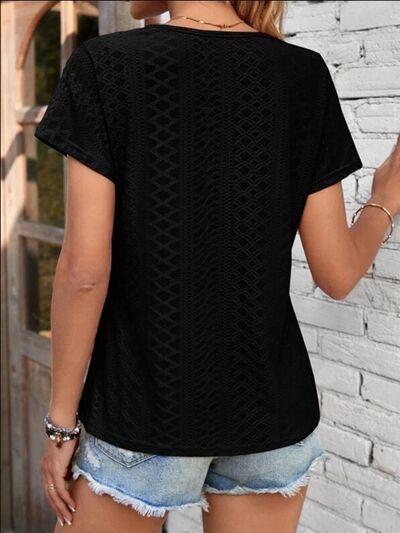 Eyelet V-Neck Short Sleeve T-Shirt Trendsi