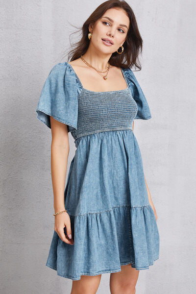 Smocked Square Neck Mini Denim Dress-TOPS / DRESSES-[Adult]-[Female]-2022 Online Blue Zone Planet