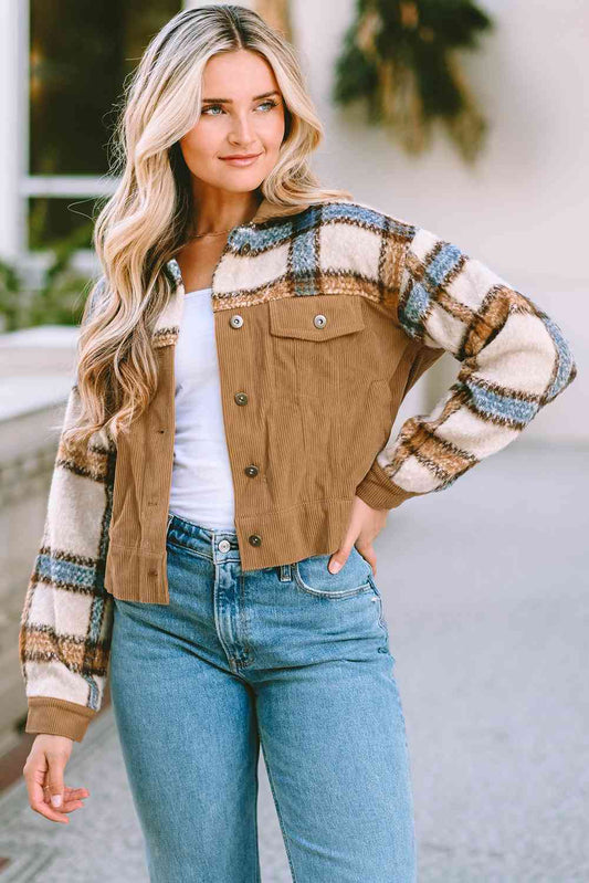 Plaid Collared Neck Button Down Jacket BLUE ZONE PLANET