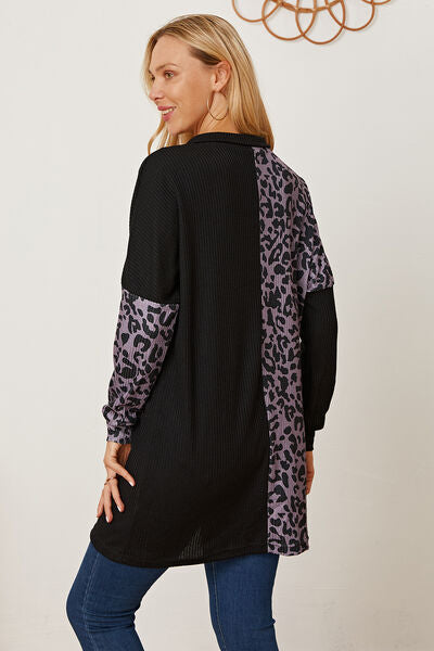 Blue Zone Planet |  Leopard Waffle-Knit Buttoned Long Sleeve Blouse BLUE ZONE PLANET