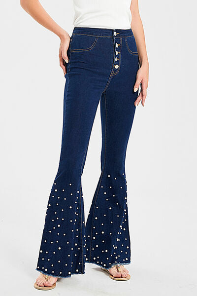 Pearl Detail Raw Hem Flare Jeans BLUE ZONE PLANET