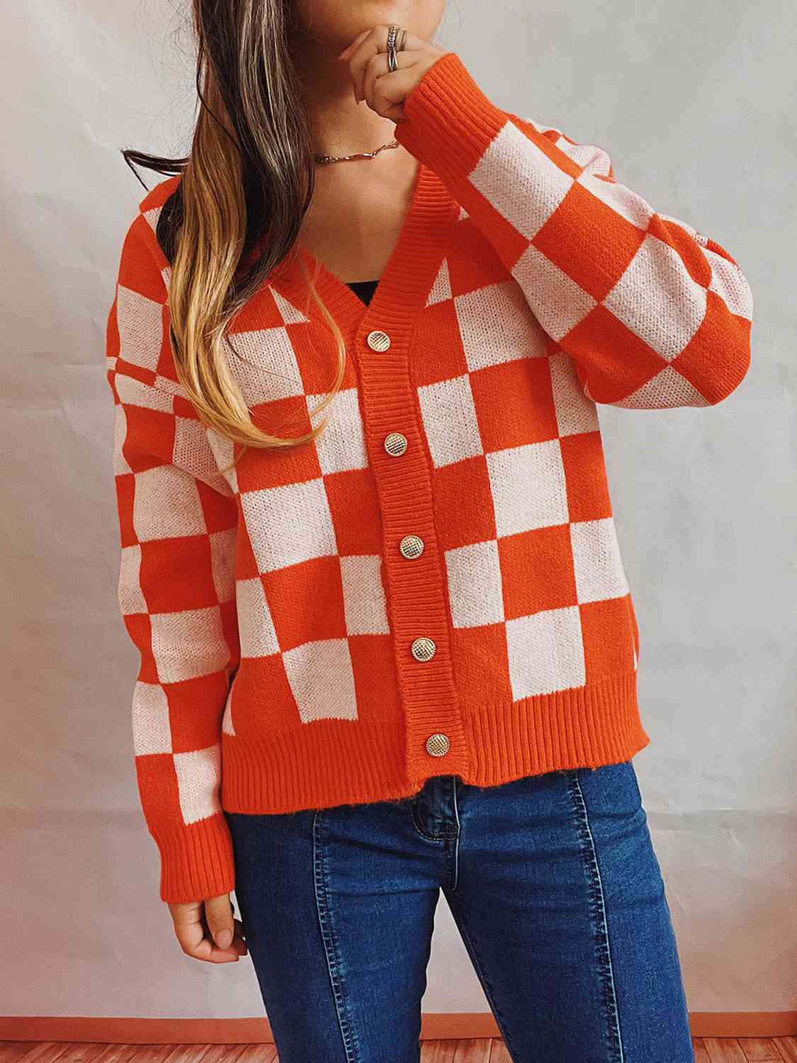 Checkered Open Front Button Up Cardigan BLUE ZONE PLANET