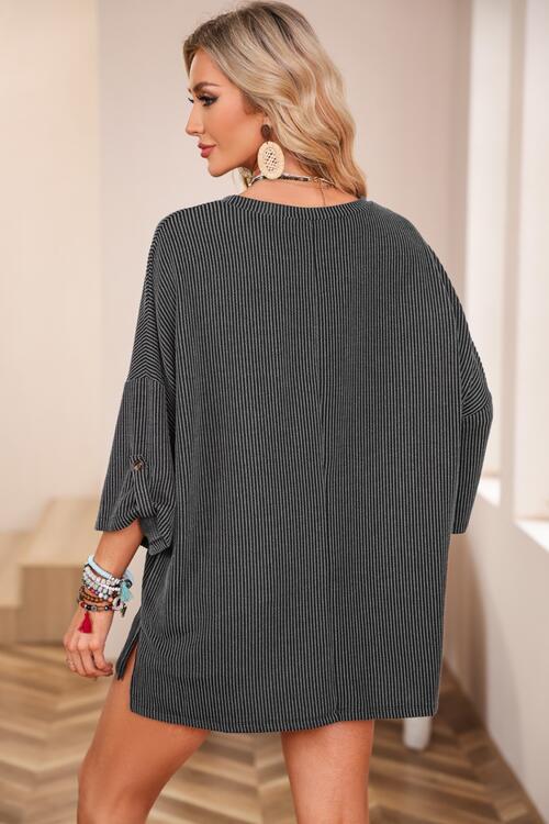 Round Neck Slit Roll-Tab Sleeve Oversize Top BLUE ZONE PLANET