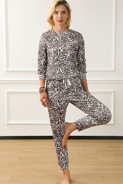 Blue Zone Planet |  Leopard Round Neck Top and Drawstring Pants Lounge Set BLUE ZONE PLANET