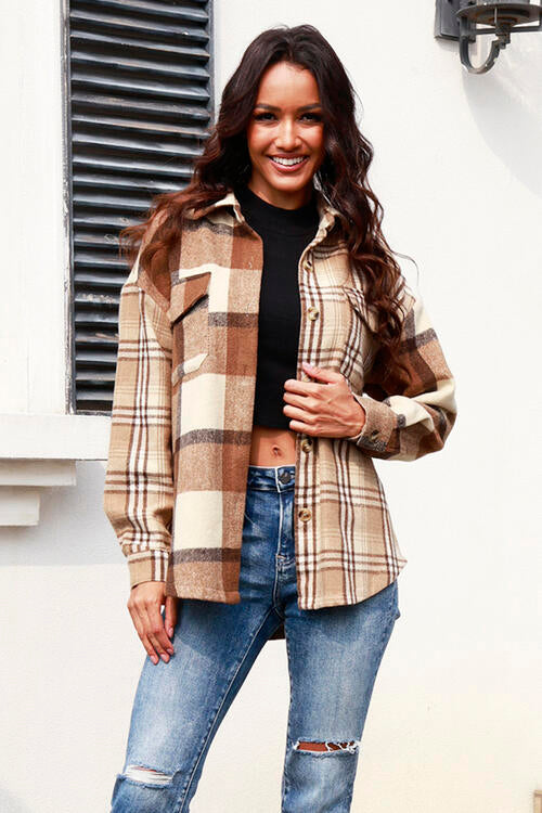Plaid Button Up Collared Neck Long Sleeve Shacket BLUE ZONE PLANET