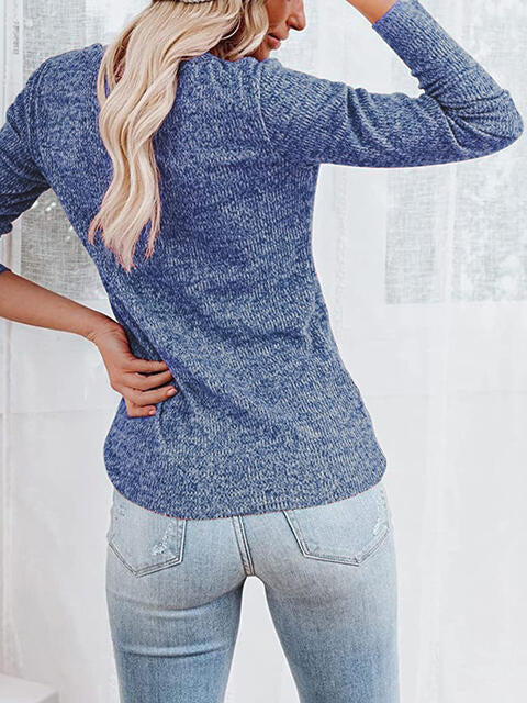 Round Neck Buttoned Long Sleeve T-Shirt BLUE ZONE PLANET