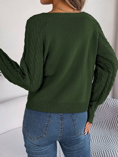 Cable-Knit Round Neck Long Sleeve Sweater BLUE ZONE PLANET