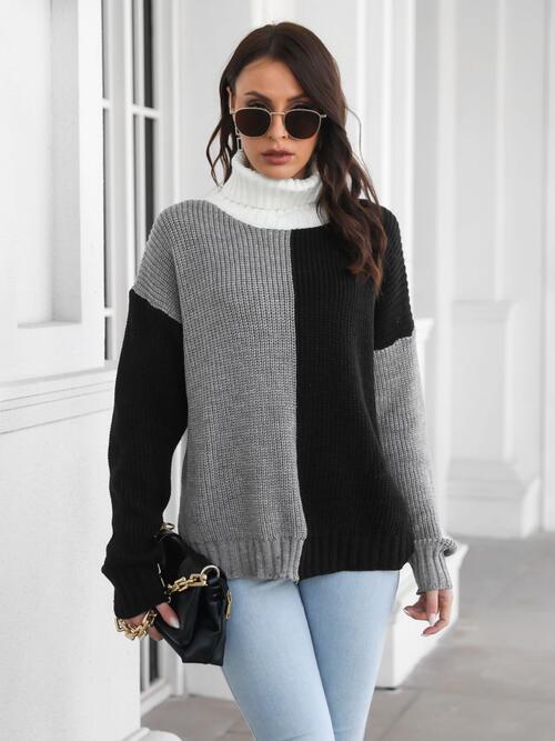 Contrast Turtleneck Long Sleeve Sweater BLUE ZONE PLANET