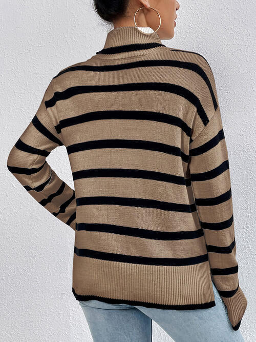 Striped Turtleneck Long Sleeve Sweater BLUE ZONE PLANET