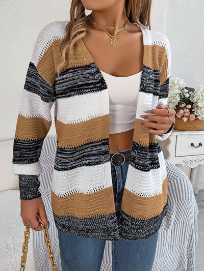 Openwork Striped Open Front Cardigan BLUE ZONE PLANET