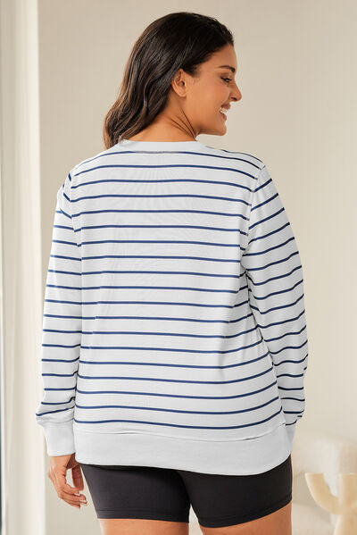 Plus Size Striped Round Neck Long Sleeve T-Shirt BLUE ZONE PLANET