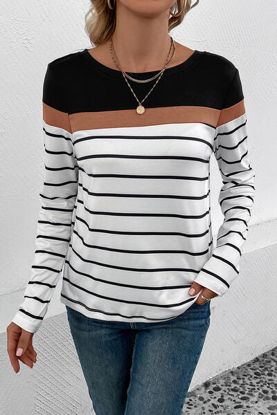 Blue Zone Planet |  Striped Round Neck Long Sleeve T-Shirt BLUE ZONE PLANET