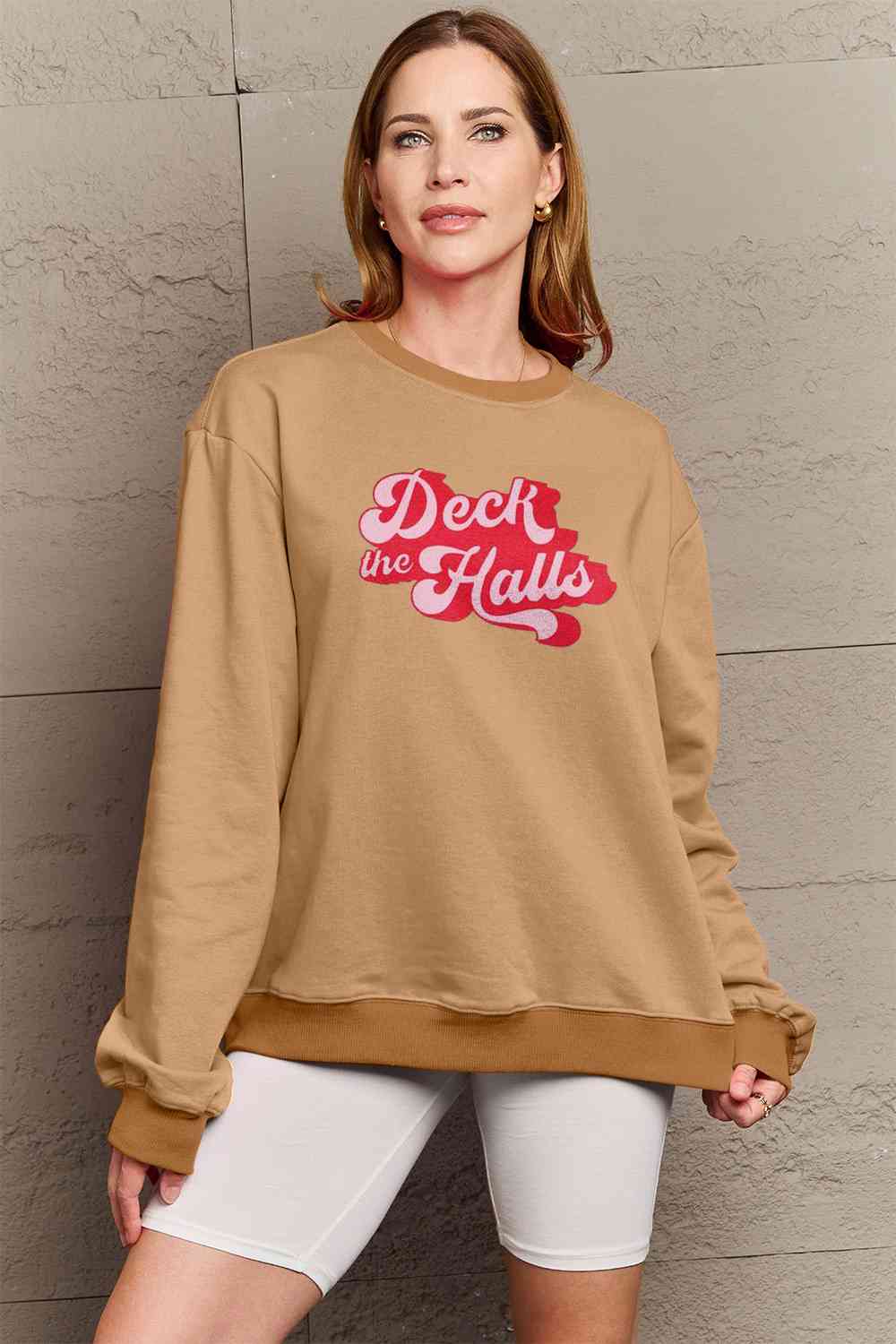 Simply Love Full Size DECK THE HALLS Graphic Sweatshirt BLUE ZONE PLANET