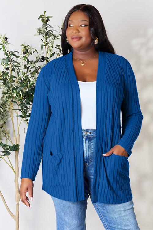 Basic Bae Full Size Ribbed Open Front Cardigan with Pockets BLUE ZONE PLANET