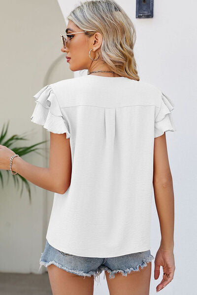 Ruffled V-Neck Short Sleeve Blouse Trendsi